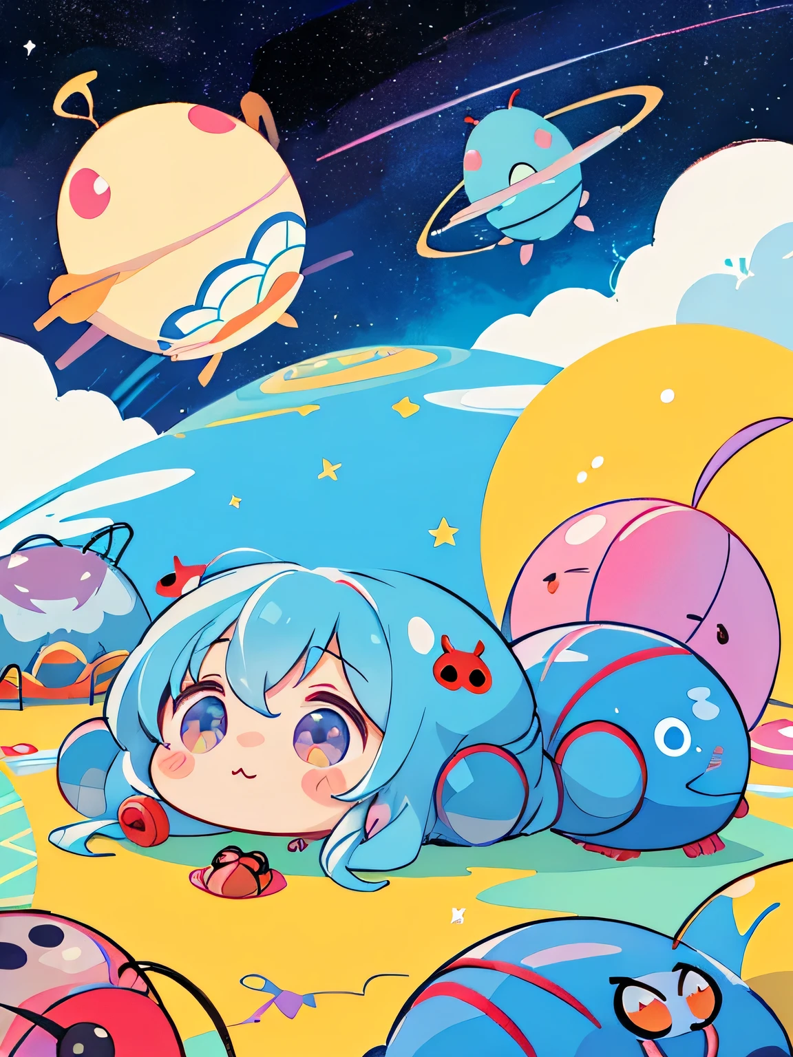 Vasily Kandinsky style, Kawaii Design, The most beautiful girl of all time、chibi, ((Colorful pillbug))、Space Travel、