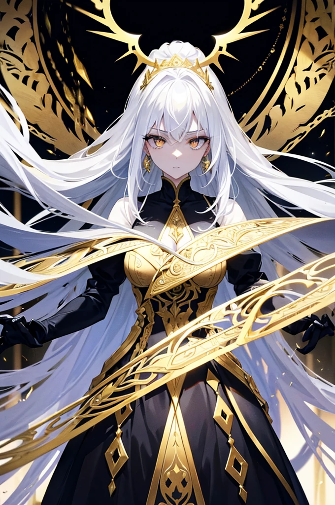 Physical description This character is a woman with an ethereal and imposing appearance. Her long white hair flows around her, creating an almost mystical aura. His golden eyes are piercing and express great intensity and determination. Her outfit is complex and elegant, consisting of several layers of white and black fabrics, accented with gold designs. The dress appears both practical and ceremonial, perhaps indicating a high rank or special role in one's world. Her arms are covered in sleek gauntlets that add a touch of sophistication to her appearance. His entire style suggests a combination of power, grace and mystery.