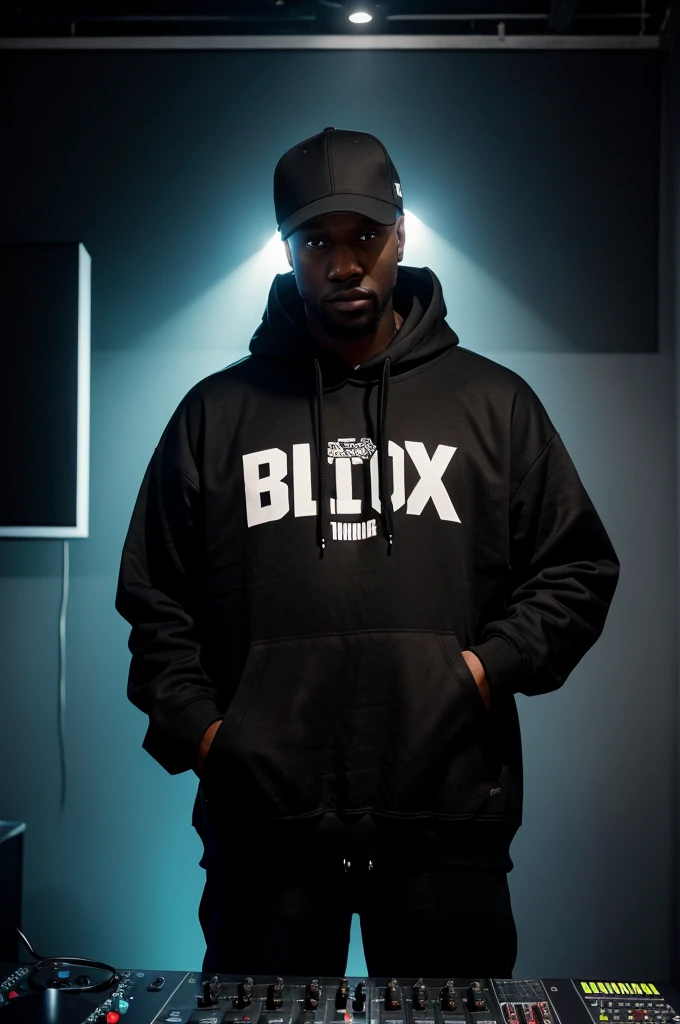 A hip hop producer standing in a dimly lit studio, wearing a black hoodie, his face partially obscured by shadows. He holds headphones in one hand, and the other hand is raised, fingers spread, as if he's about to drop a beat. There's a glow coming from a mixing board behind him. The album title is in a bold, white font, with a red outline