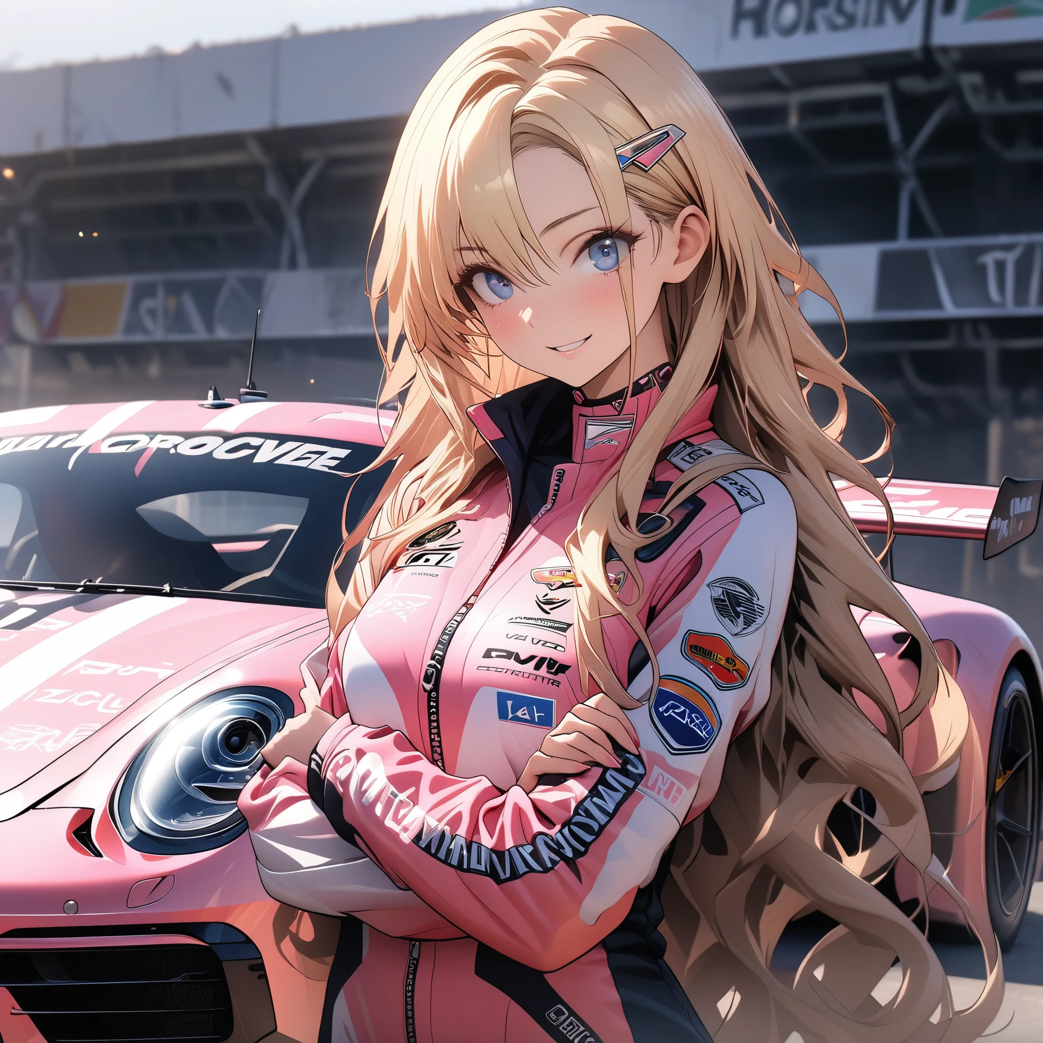 High resolution digital CG image, a beautiful futuristic girl is posing in front of a Porsche 911 ,The girl has long hair with a mixture of blonde hair and blue eye.She is wearing a pink racing suit with mecha-style decorations, and there are many sponsor logos on the suit.The pink color racing car is a Porsche 911  car ,circuit starting grid background, (holding a full face type pink helmet under her arm :1.2)、striking a cool pose next to her car.、Cybertic expression of the future, the texture of beautiful hair, the luster of skin, the beauty of eyes, the luster and texture of a racing suit, the beauty of the racing car body and mechanical expression,(master piece4k, 8k,best quality1.2)ultra detail