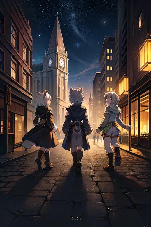During a day,midnight,fantasy,a Beatles-inspired group of four people wark across a crosswalk, reminiscent, reminiscent of the Abbey Road album cover. BREAK Each of the four individuals is dressed differently, walking in sync. BREAK 馬車 and buildings surround them, atmosphere.Break masterpiece,ultra quality,best quality,ultra detailed,super detailed,super fine illustration,8K,8K quality,in 8K,8K background,beautiful background,anime style,artistic,