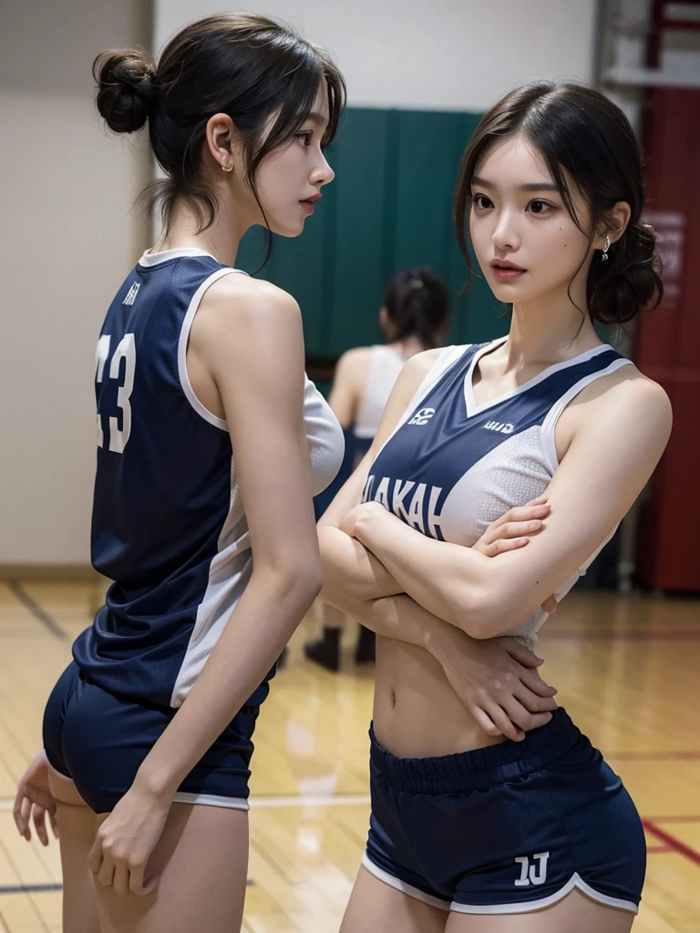 absurdres, RAW photo, extremely delicate and beautiful, masterpiece, Best Quality, ultra high resolution, 32k, hyperrealistic, ultra-detailed, perfect anatomy, super Detailed skin, perfect figure, in her 20s, very Slim body, narrow waist, very small head, very small face, delicate facial features, tearful mole, earring, thin legs, very huge round breasts, full body shot, shorter middle hair, wavy hair, (volleyball Jersey:1.2), (shorts:1.2), sleeveless,