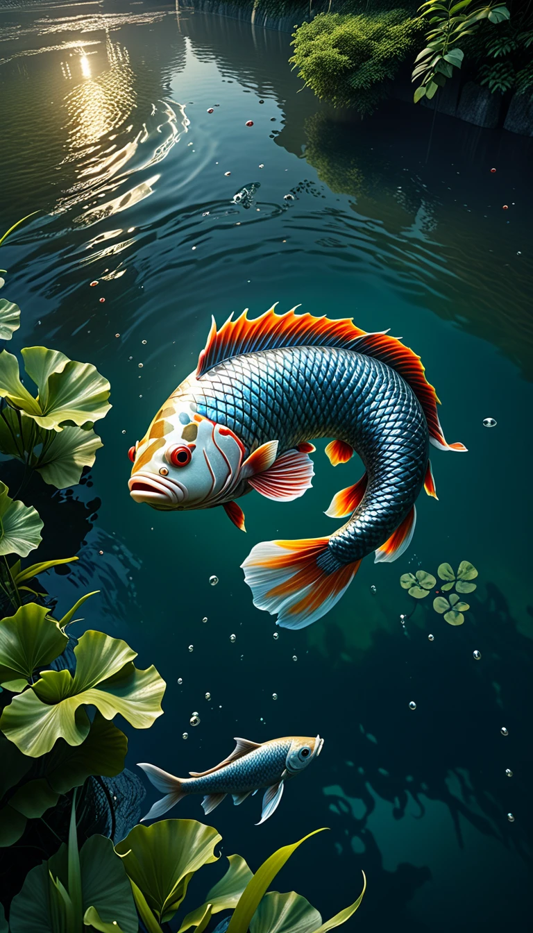 Mythical creatures in Shan Hai Jing，A fish with a human head swimming in the river，Highly detailed，4K，8K，high resolution，masterpiece，Ultra Detailed，lifelike，Photo Realism，照片lifelike，Extremely detailed animals，Complex patterns，Dramatic lighting，Fantasy creature composition，Vast landscape