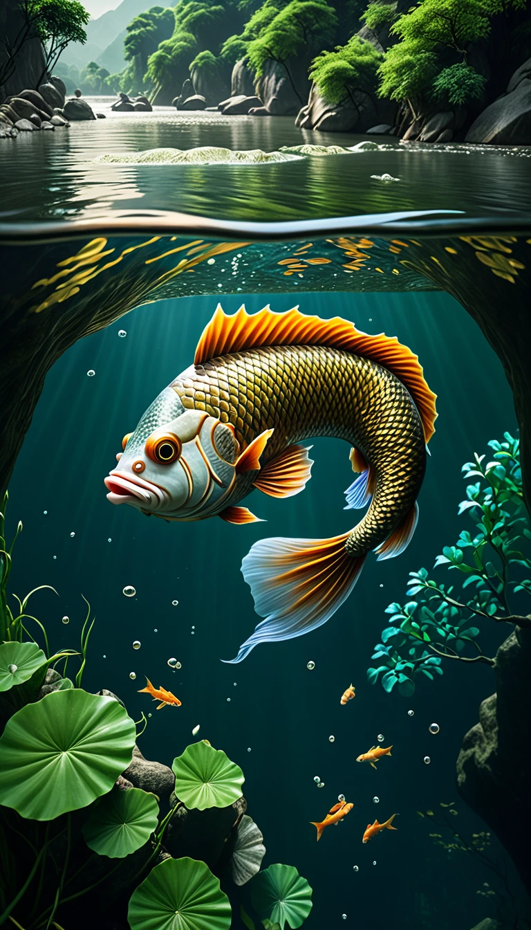 Mythical creatures in Shan Hai Jing，A fish with a human head swimming in the river，Highly detailed，4K，8K，high resolution，masterpiece，Ultra Detailed，lifelike，Photo Realism，照片lifelike，Extremely detailed animals，Complex patterns，Dramatic lighting，Fantasy creature composition，Vast landscape