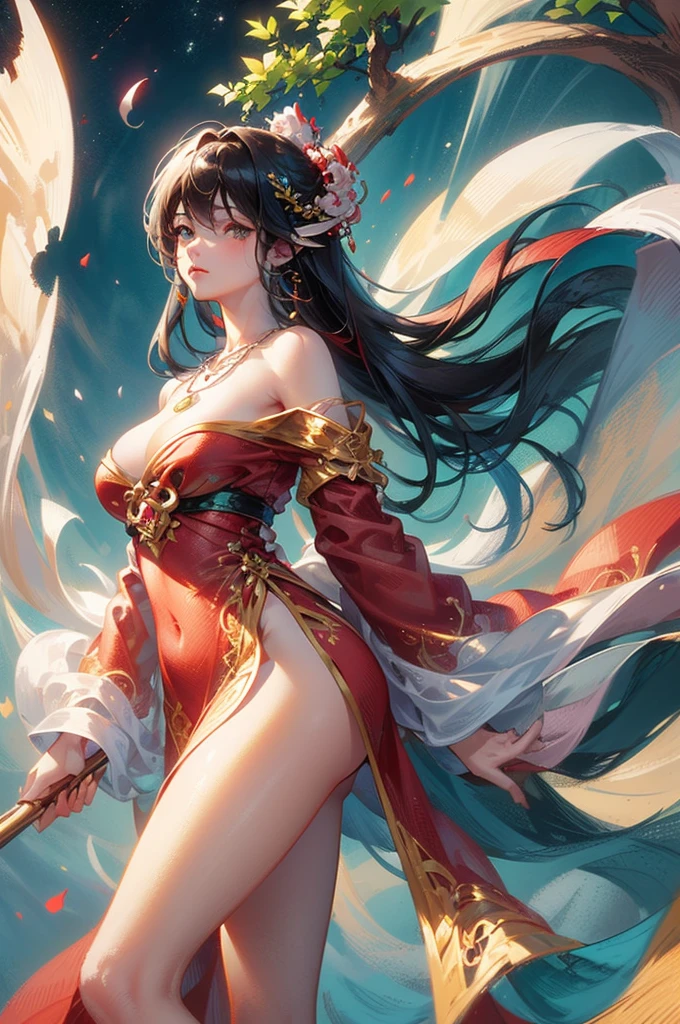 (masterpiece:1.5, Highest quality, Very detailed、 Dutch Angle、Semi-Realistic、Fantasy)(One girl, alone)(White and beautiful hair,,Straight Long Hair)(Wearing Han clothes, Royalty、White and red Hanfu:1.6,Thick fabric,Long sleeve)、((Off the shoulder、Medium Chest、ruby ​​necklace))(From behind：1.4,The buttocks are slightly exposed、Legs wrapped in tights)(Cherry tree、dead tree、Mystical Night、Particles of light float around the woman、Space for fantasy)