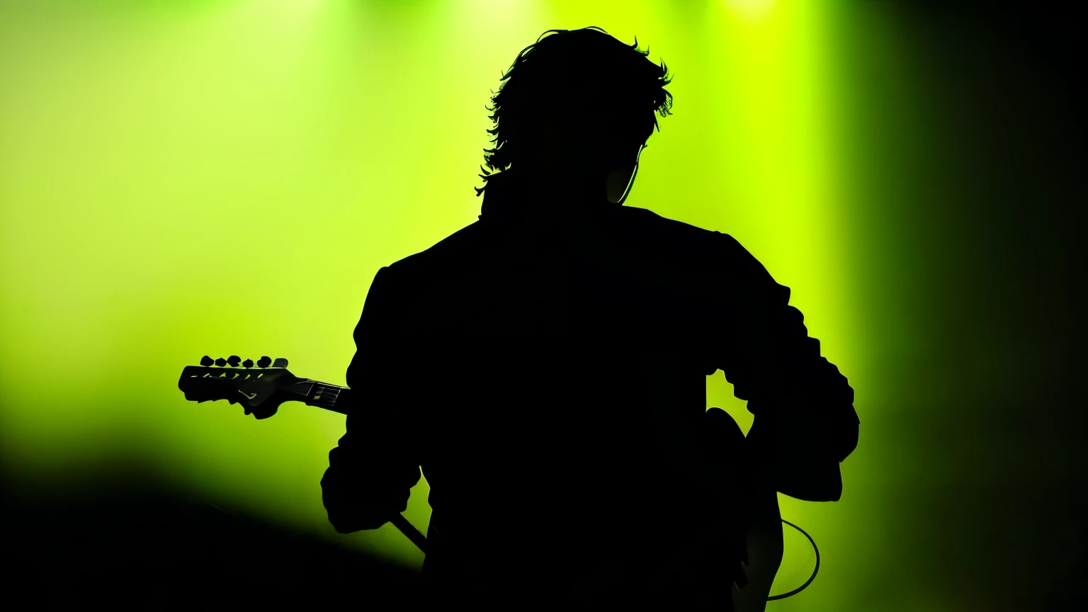 There is a man, who plays guitar in the dark, Playing guitar on stage, guitarist, Silhouette!!!, Silhouette of a man, Silhouette of man, Silhouette, Bassist, Silhouetted, Man playing guitar, illuminated from behind, Silhouette, Backing, Live concert photography, illuminated from behind, the guitar player, Musician, black Silhouette, green concert light, detailed Silhouette