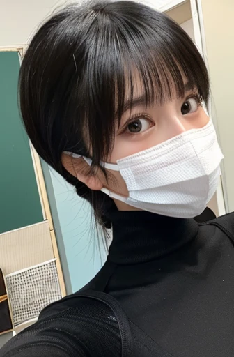 Shortcuts、((Please wear a black long sleeve top))、((Selfie style in my room)),(())、((Very young))、((very cute))、((So adorable))、((Please wear a black non-woven mask....)),Highest quality, masterpiece, Ultra-high resolution, (Realistic:1.4), RAW Photos, Very detailed, Perfect Anatomy, 1 girl, 18-year-old, Famous idols of Japan, Front view, Crotch close-up,, ((Accentuate your breasts))