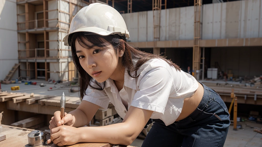Beautiful asian girl in work uniform and safety helmet working on a construction site, bent over hammering nails