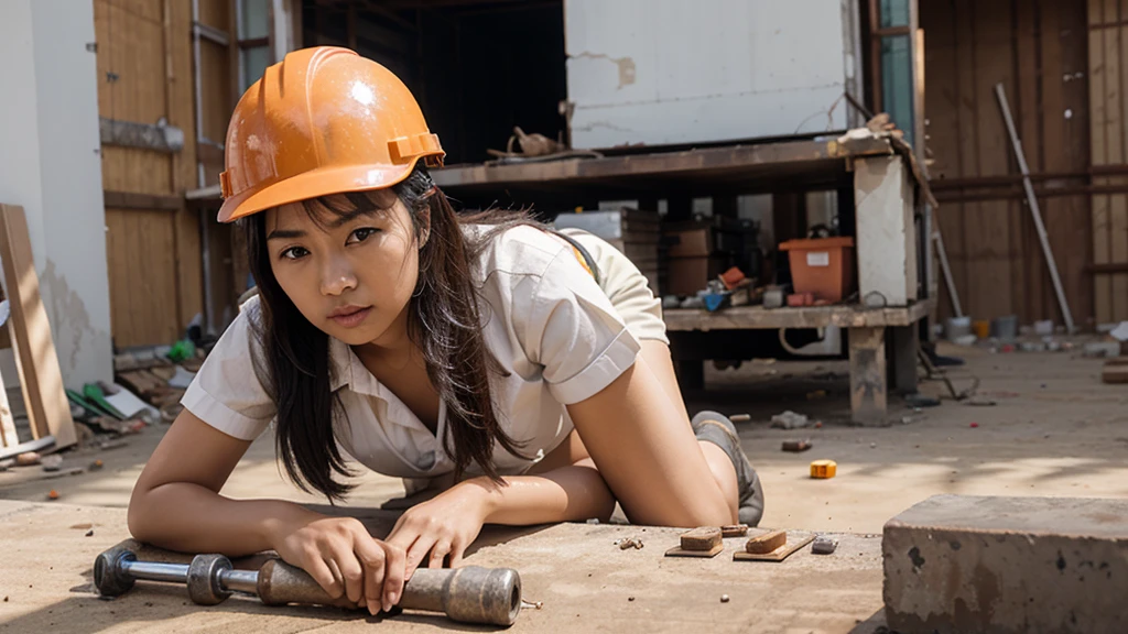 Beautiful asian girl in work uniform and safety helmet working on a construction site, bent over hammering nails