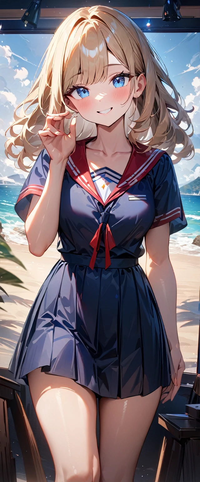 (((One girl))), ((beach)), noon, blond hair, Wavy Hair, bob cut, breasts, from front, (cowboy shot), standard body, (looking at viewer), ((dark blue serafuku out of skirt)), dark blue skirt, ((red ribbon)), ((sunglasses)), hand to sunglasses, teenager, head tilt:1.3, (((blue eye))), ((happy smile)), anime style, (best quality, 4k, 8k, highres, masterpiece:1.2, ultra-detailed, ultra-detailed eyes, HDR, UHD, studio lighting, ultra-fine painting, sharp focus, physically-based rendering, extreme detail description, professional, vivid colors, bokeh), ((Highest quality, Best image quality, Ultra-high resolution, Ultra-high resolution, solo, Strong eye highlights)), Depth of written boundary, Natural soft light, attractive, Beautiful Face, Cleanliness, Pure Face, nedium chest, Beautiful Face, Perfect Fingers, Perfect hands, Perfect body, Perfect Face, Shine a light into your eyes, Perfect Anatomy