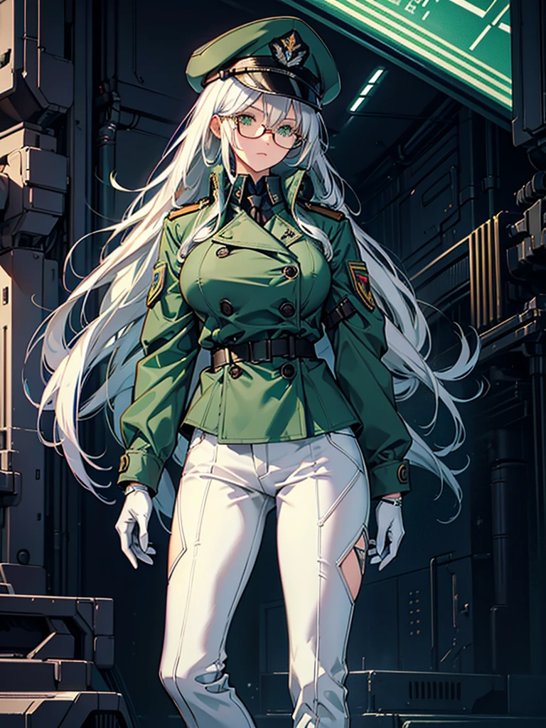 masterpiece, best quality, beautiful girl, white hair with green color inner, green eyes color, blue military uniform, mature_female, eyes glasses , white gloves, anime, blue military hat, very_long_hair, perfect body, red ribbon, commander, science_fiction, black knee-high boots, white pants, cowboy_shot , large_breasts, ultra-detailed, high quality, modern military uniform, sci-fi, dark blue Trench Coat, 1girl, 4k, military base ,perfect hands