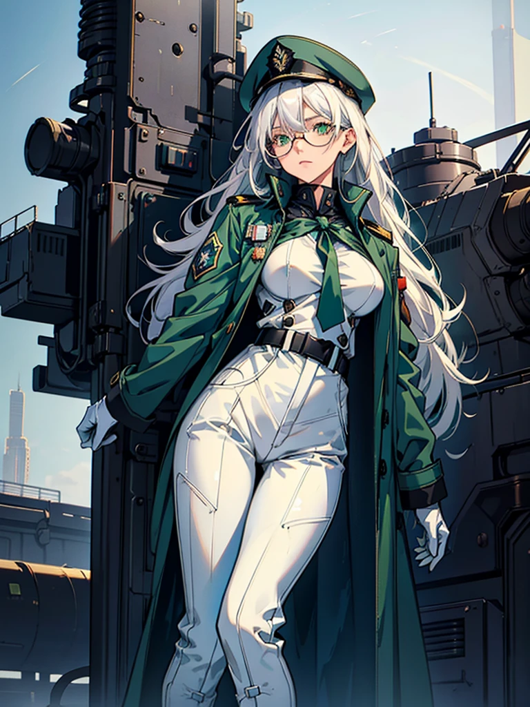 masterpiece, best quality, beautiful girl, white hair with green color inner, green eyes color, blue military uniform, mature_female, eyes glasses , white gloves, anime, blue military hat, very_long_hair, perfect body, red ribbon, commander, science_fiction, black knee-high boots, white pants, cowboy_shot , large_breasts, ultra-detailed, high quality, modern military uniform, sci-fi, dark blue Trench Coat, 1girl, 4k, military base ,perfect hands