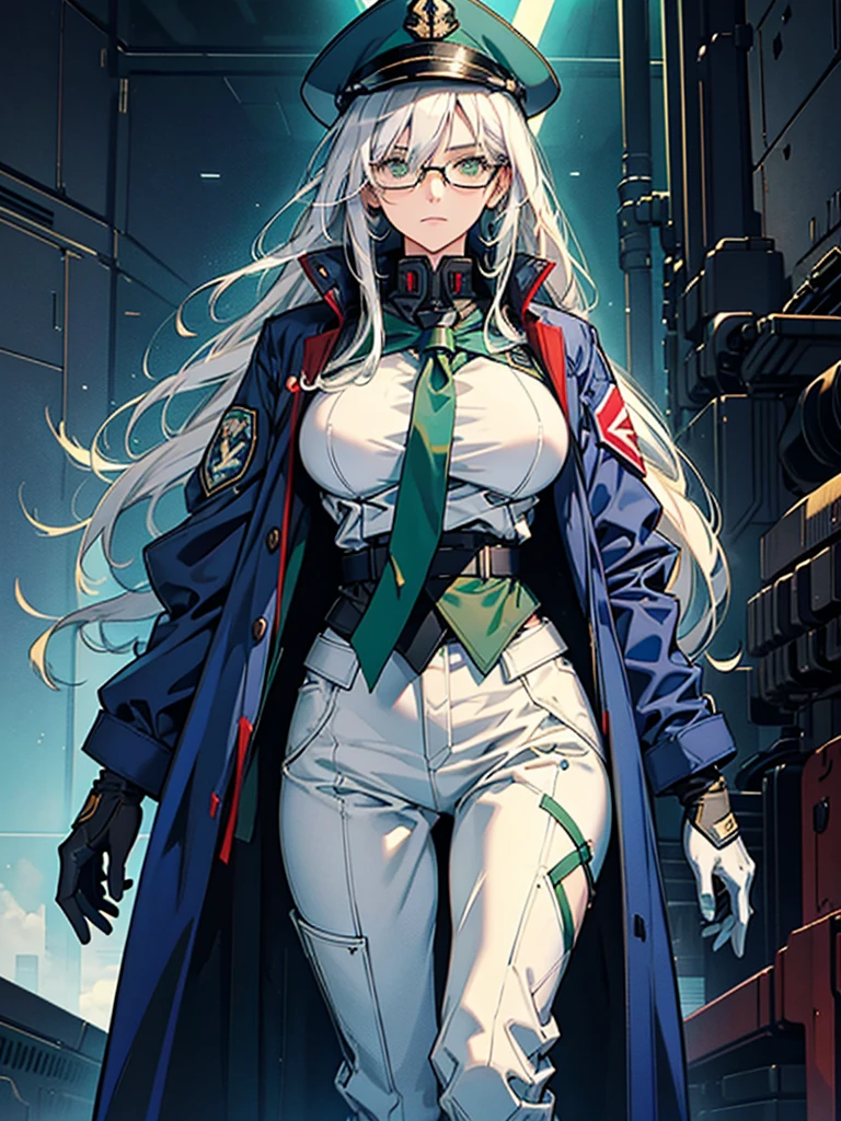 masterpiece, best quality, beautiful girl, white hair with green color inner, green eyes color, blue military uniform, mature_female, eyes glasses , white gloves, anime, blue military hat, very_long_hair, perfect body, red ribbon, commander, science_fiction, black knee-high boots, white pants, cowboy_shot , large_breasts, ultra-detailed, high quality, modern military uniform, sci-fi, dark blue Trench Coat, 1girl, 4k, military base ,perfect hands