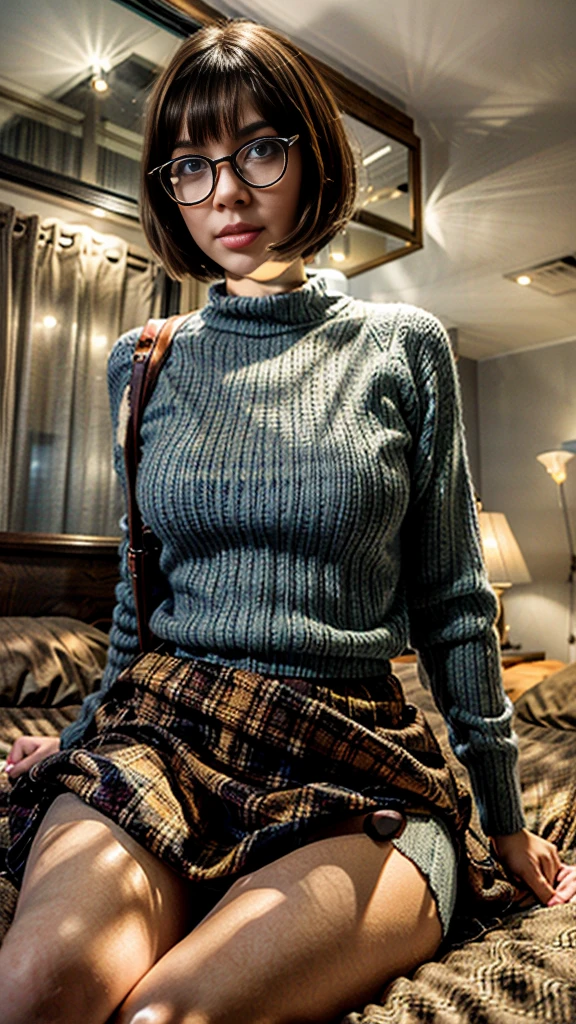 High Definition, 8k quality, Masterpiece, velma, huge dream girl , beautiful face, kiss lips, short bob hairstyle, long bangs, perfect make up, realistic face, detailed eyes, Blue eyes, Brown hair, eyelashes, mouth slightly open, bedroom, sitting in bed, eyes to the viewer, orange knit turtleneck sweater, glasses with clear lenses, red  skirt,