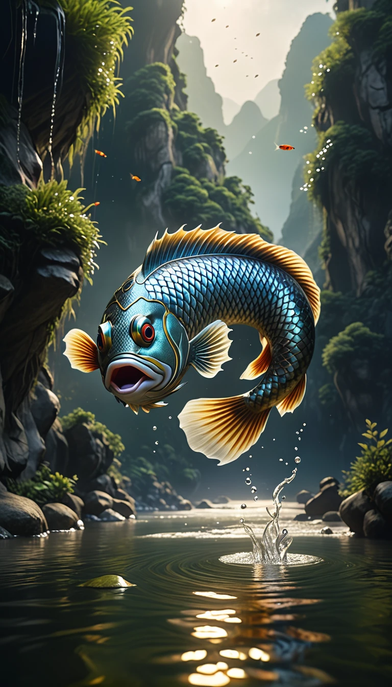 Mythical creatures in Shan Hai Jing，A fish with a human head swimming in the river，Highly detailed，4K，8K，high resolution，masterpiece，Ultra Detailed，lifelike，Photo Realism，照片lifelike，Extremely detailed animals，Complex patterns，Dramatic lighting，Fantasy creature composition，Vast landscape