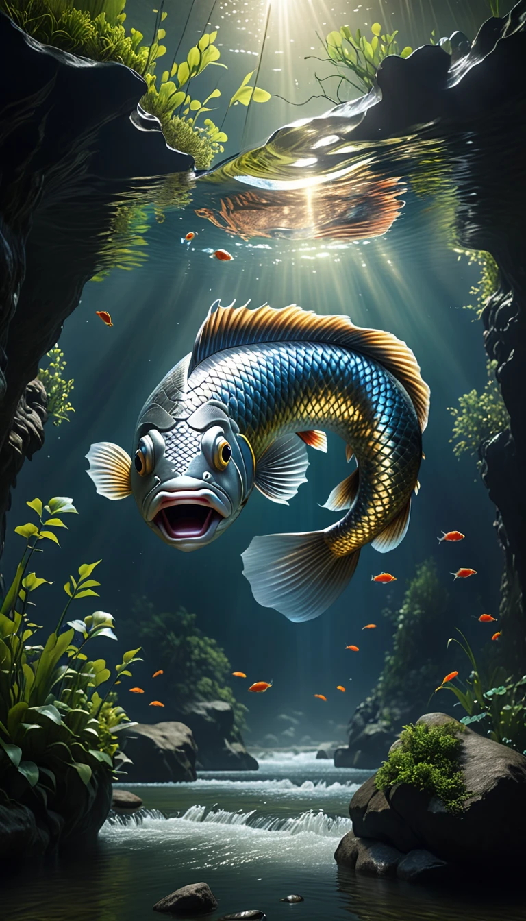 Mythical creatures in Shan Hai Jing，A fish with a human head swimming in the river，Highly detailed，4K，8K，high resolution，masterpiece，Ultra Detailed，lifelike，Photo Realism，照片lifelike，Extremely detailed animals，Complex patterns，Dramatic lighting，Fantasy creature composition，Vast landscape
