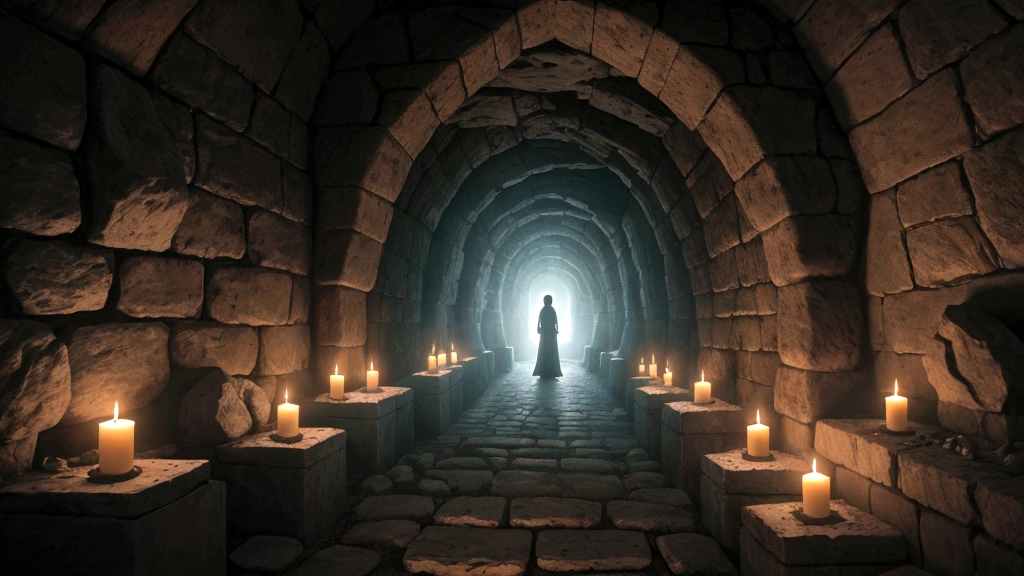 "A somber, cavernous underground realm where shadows envelop ancient stone corridors. The atmosphere is hushed and still, depicting Sheol as a place of quiet reflection and repose for the departed souls. Dimly lit chambers reveal ghostly figures of the deceased, their forms ethereal and translucent. Symbols of ancient funerary rites adorn the walls, hinting at the cultural and spiritual significance of Sheol in ancient Hebrew beliefs. The scene evokes a sense of solemnity and mystery, illustrating Sheol as the precursor to later conceptions of the afterlife."