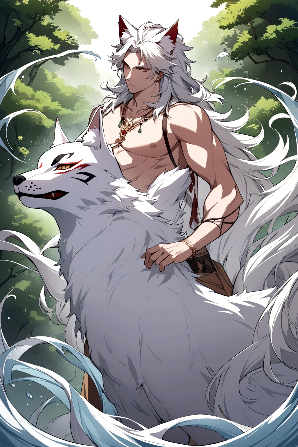 Draw a picture of Mark wearing a wolf mask, Capturing his duality between masculine beauty and the wild force of nature