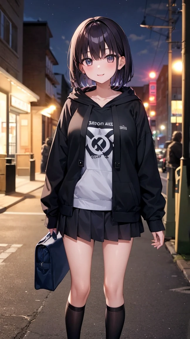 A teenage woman stands in a park at night。She wears a hoodie、mini skirt、I'm wearing shoes。She is posing seductively with a big smile.、Her short hair and shiny skin are impressive.。What really catches your eye are her huge breasts.。The whole body is shown.、The image of 1girl is clearly depicted.。