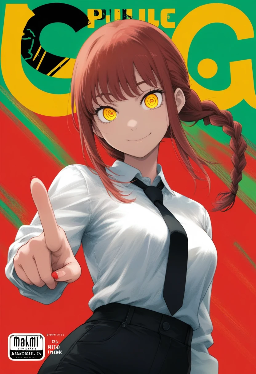 1girl, kousei \(public planet\), tatsuki fujimoto, absurdres, official art, absurdres, chainsaw man, makima \(chainsaw man\), 1girl, artist name, black necktie, black pants, braid, braided ponytail, breasts, closed mouth, collared shirt, copyright name, cover, cover page, dress pants, formal, green background, hand gesture, high-waist pants, long hair, long sleeves, looking at viewer, manga cover, medium breasts, multicolored background, nail, necktie, open door, pants, pointing, pointing at viewer, red background, red eyes, red hair, ringed eyes, shirt, sidelocks, smile, solo, upper body, white shirt, yellow eyes, ((very aesthetic, best quality, ultra detailed)), rating:safe, manga, painterly
