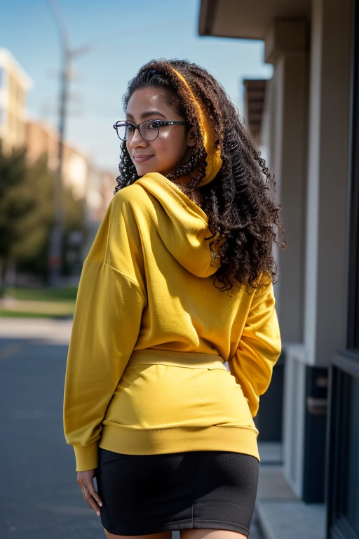 (best quality,4k,8k,highres,masterpiece:1.2),ultra-detailed,(realistic,photorealistic,photo-realistic:1.37), female 20 year old college student, tan-bronze skin with thin layer of freckles, long black hair with orange highlights, curly hair, amber colored eyes, (Wearing a yellow hoodie, black pencil skirt, glasses)