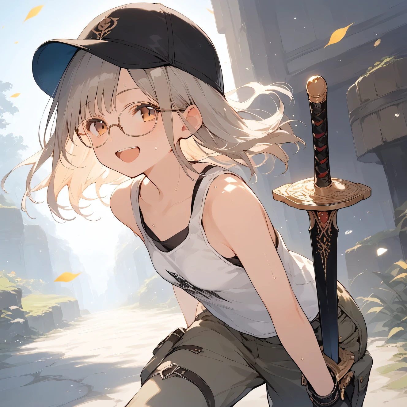 score_9, score_8_up, score_7_up, source_anime, best quality, masterpiece, official art, absurdres, highres, ultra-detailed,waifu2x,Collection: Slice of Life,break,1girl, fantasy world, short hair, glasses, small breasts, cap, tank top, cargo pants, sweat, open mouth,smile, sword, outdoors, wind, break,(clear line illustration:1.2),very high resolution, very aesthetic, super detailed skin, Best sexual lighting powered by famous artist, 8k,cute picture,beauty illustration,photoshop_(medium),,(Detailed Lighting),best anime 8k konachan wallpaper, pixiv contest winner,