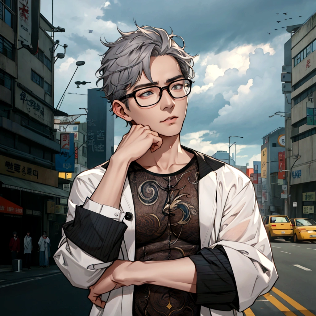 50 years old、A man wearing glasses is standing in the middle of the road, Cai Xukun, Bad Ulzzang, wearing thin large round glasses, Inspired by Zhang Han, Korean Man, Cloudy gray hair, High-quality portraits, Realistic. Chen Yi, Realistic anime 3 d style, wearing small round glasses, Attractive androgynous humanoid, Male Anime Style