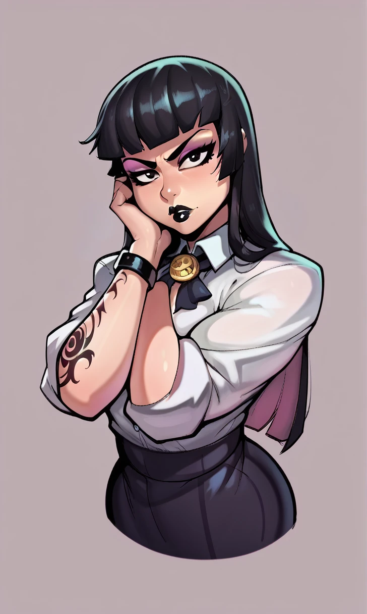 score_9, score_8_up, score_7_up, 1girl, simplified background, Asian, mafia business outfit, , sunny, lovely, hime cut hair, scowl, black lips, black eyes, tattoos