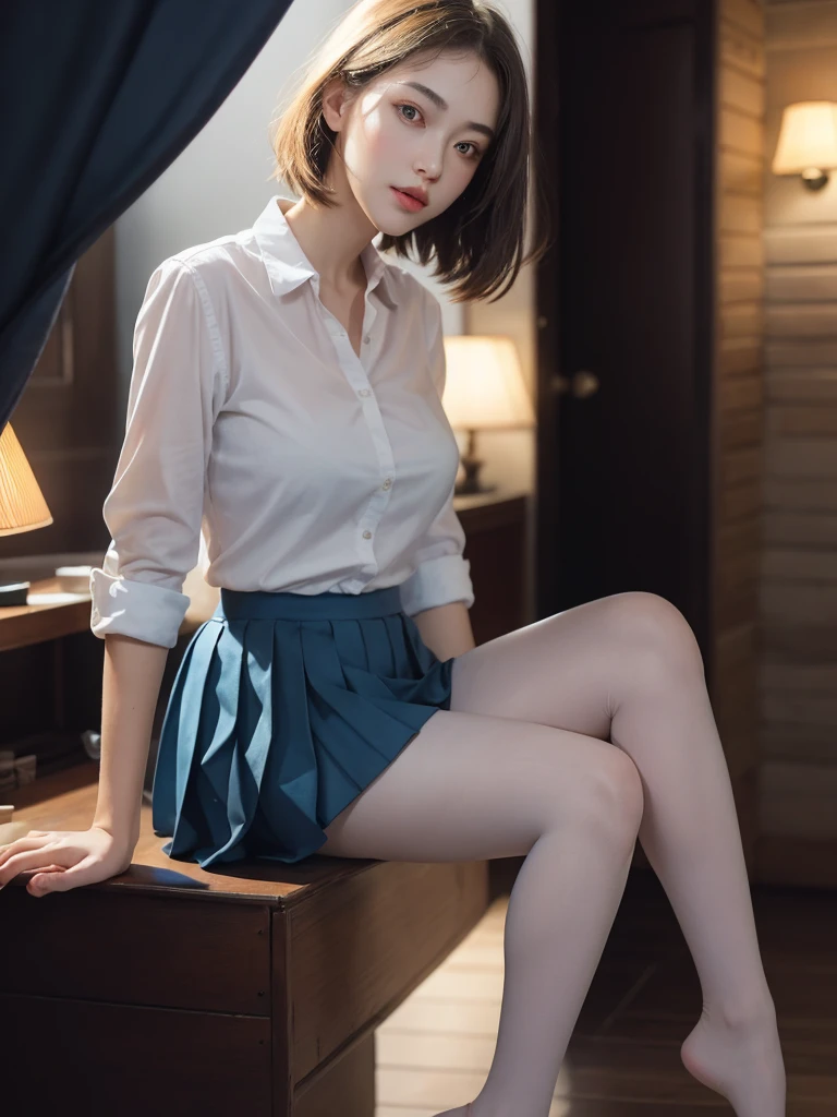 ultra realistic 8k cg, picture-perfect face, flawless, clean, masterpiece, professional artwork, famous artwork, perfect face, beautiful face, beautiful eyes, ((perfect female body)), solo,(immersive atmosphere, chiaroscuro:1.5,bright light:1.2,luminous lighting)
,,(blush:0.5),seductive expression,extremely detailed_eyes,thick thighs,large breasts,
beautifully detailed background,depth of field,realistic:1.3, long shot,1girl,shirt,pleated skirt, , sitting, full body,
(ambient light:1.3),(cinematic composition:1.3),(neon lights:0.1),(HDR:0.1),Accent Lighting, white pantyhose,