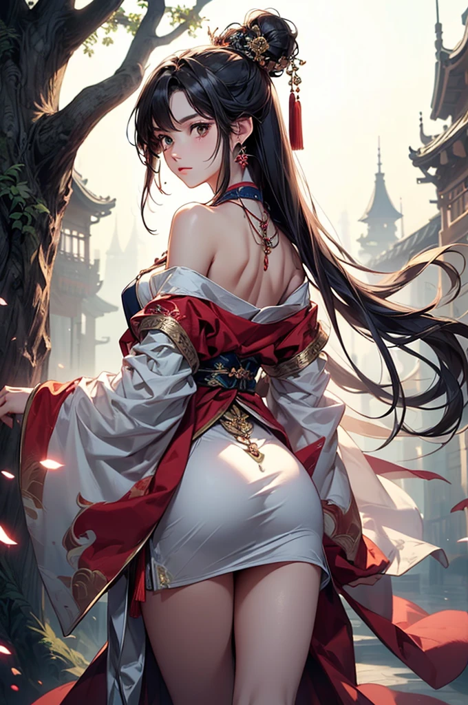 (masterpiece:1.5, Highest quality, Very detailed、 Dutch Angle、Semi-Realistic、Fantasy)(One girl, alone)(White and beautiful hair,,Straight Long Hair)(Wearing Han clothes, Royalty、White and red Hanfu:1.6,Thick fabric,Long sleeve)、((Off the shoulder、Medium Chest、ruby necklace))(From behind:1.4,The buttocks are slightly exposed、Legs wrapped in tights)(Cherry tree、dead tree、Mystical Night、Particles of light float around the woman、Space for fantasy)