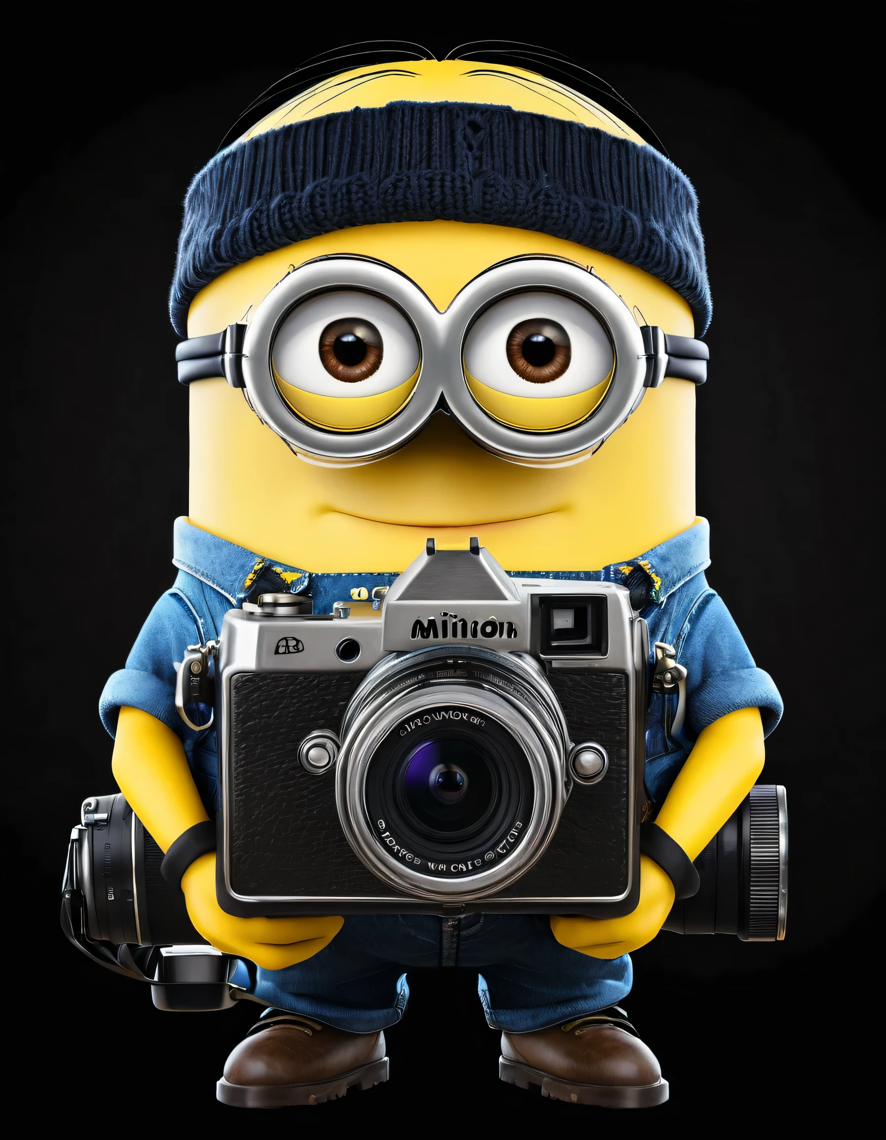 2D image, a minion holding a photo camera, solid black background