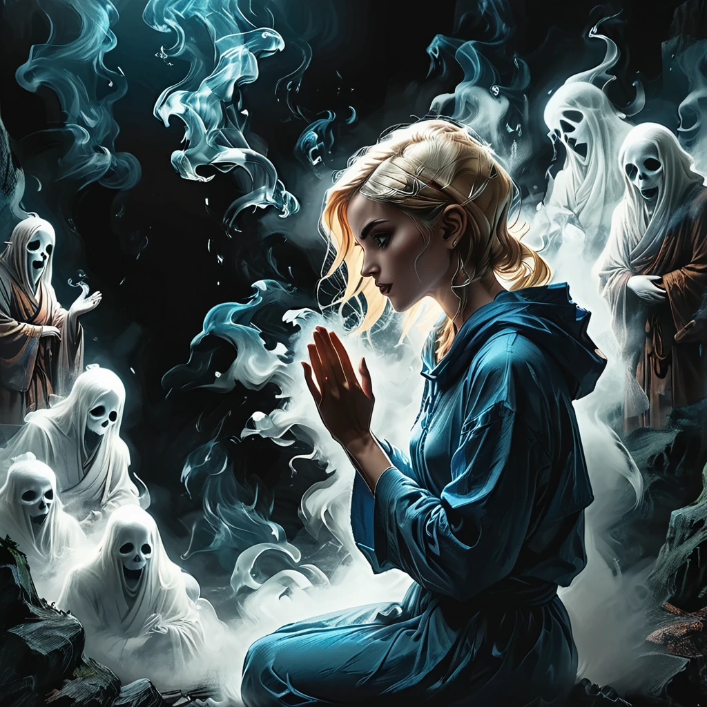 ((profile angle):2), ((look at each other)), ((look at the side):2), open mouth, (profile), (blonde girl with blue eyes in blue hoodie look at the side) ghost Buddhist monk knees praying,hands folded in a gesture of supplication, Short blonde Waves pixie hair, snub nose, Full nude Lips, many ghosts monks on background, without faces, shadows, night, jungle, smoke, fog, graphic style of novel comics, perfect hands, 2d, 8k, hyperrealism, masterpiece, high resolution, best quality, ultra-detailed, super realistic, Hyperrealistic art, high-quality, ultra high res, highest detailed, lot of details, Extremely high-resolution details, incredibly lifelike, colourful, soft cinematic light,