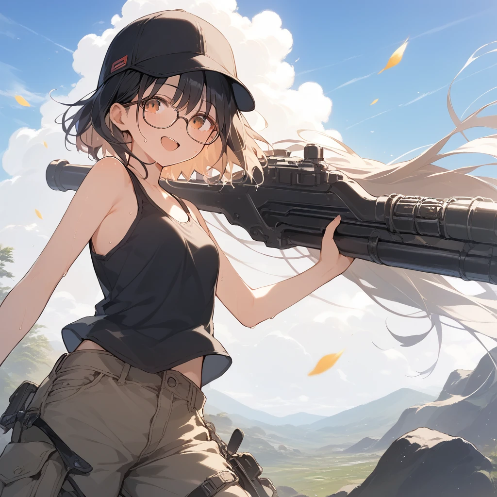 score_9, score_8_up, score_7_up, source_anime, best quality, masterpiece, official art, absurdres, highres, ultra-detailed,waifu2x,Collection: Slice of Life,break,1girl, fantasy world, short hair, glasses, small breasts, cap, tank top, cargo pants, sweat, open mouth,smile, weapon, outdoors, wind, break,(clear line illustration:1.2),very high resolution, very aesthetic, super detailed skin, Best sexual lighting powered by famous artist, 8k,cute picture,beauty illustration,photoshop_(medium),,(Detailed Lighting),best anime 8k konachan wallpaper, pixiv contest winner,
