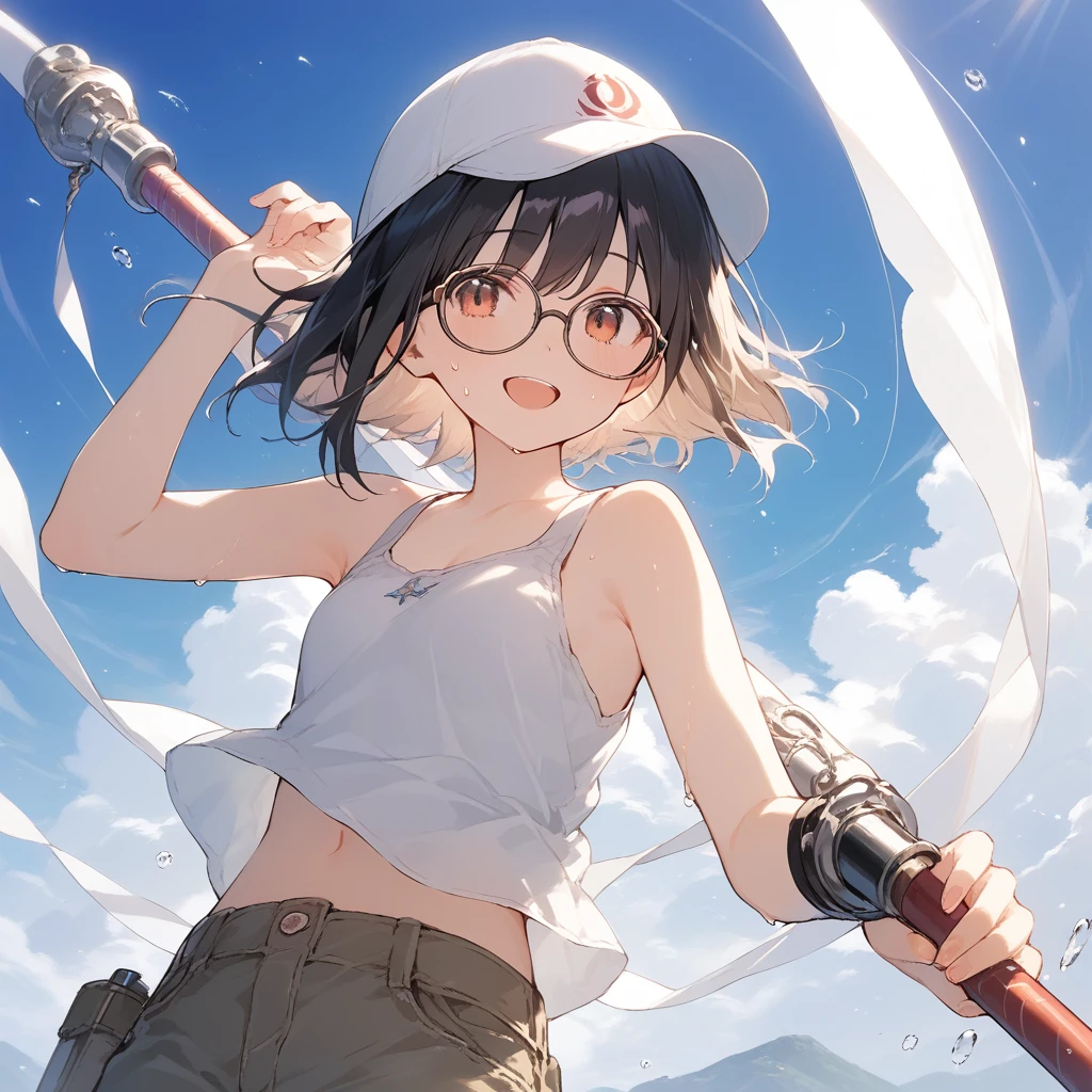 score_9, score_8_up, score_7_up, source_anime, best quality, masterpiece, official art, absurdres, highres, ultra-detailed,waifu2x,Collection: Slice of Life,break,1girl, fantasy world, short hair, glasses, small breasts, cap, tank top, cargo pants, sweat, open mouth,smile, weapon, outdoors, wind, break,(clear line illustration:1.2),very high resolution, very aesthetic, super detailed skin, Best sexual lighting powered by famous artist, 8k,cute picture,beauty illustration,photoshop_(medium),,(Detailed Lighting),best anime 8k konachan wallpaper, pixiv contest winner,