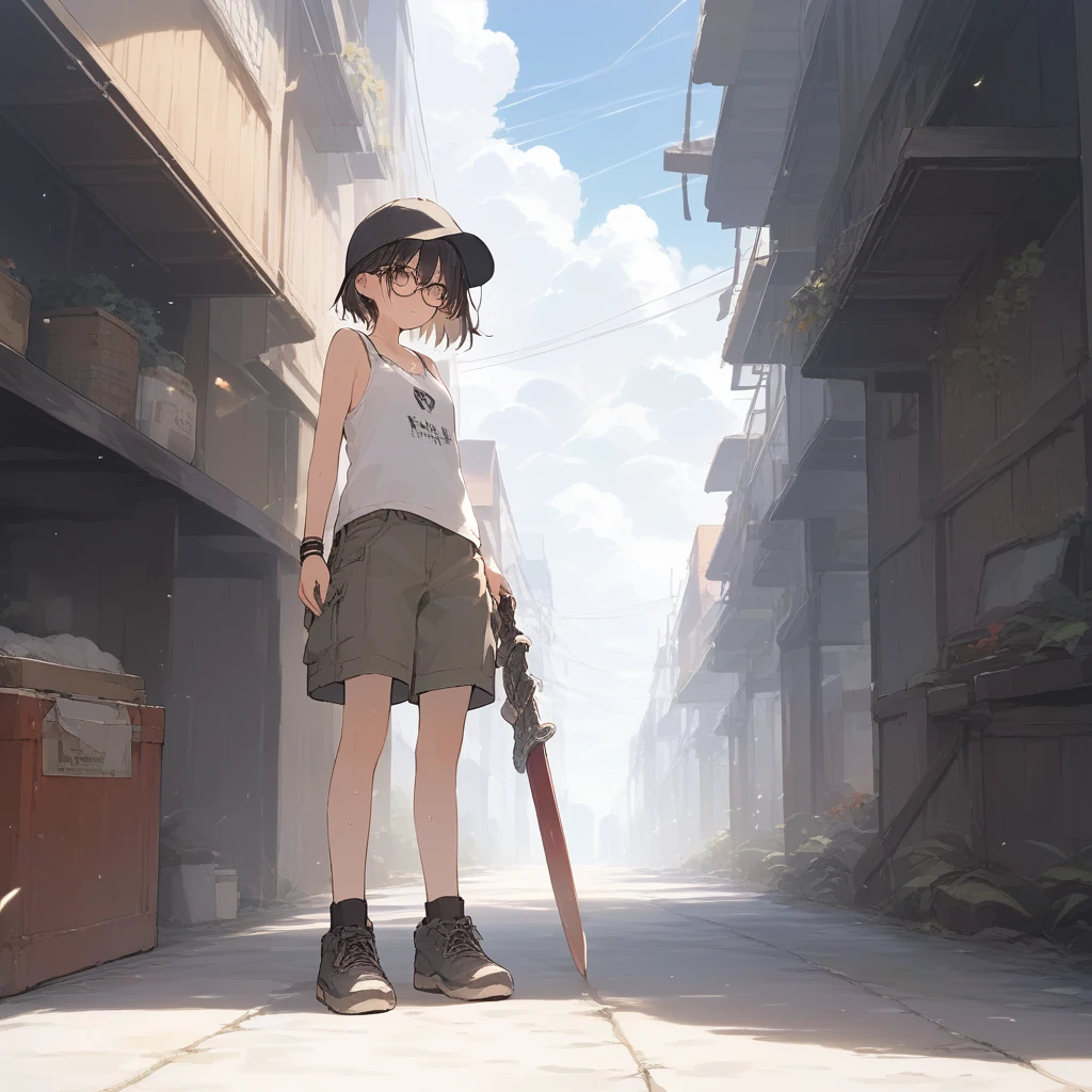 score_9, score_8_up, score_7_up, source_anime, best quality, masterpiece, official art, absurdres, highres, ultra-detailed,waifu2x,Collection: Slice of Life,break,1girl, fantasy world, short hair, glasses, small breasts, cap, tank top, cargo pants, sweat, open mouth,smile, weapon, outdoors, wind, break,(clear line illustration:1.2),very high resolution, very aesthetic, super detailed skin, Best sexual lighting powered by famous artist, 8k,cute picture,beauty illustration,photoshop_(medium),,(Detailed Lighting),best anime 8k konachan wallpaper, pixiv contest winner, 