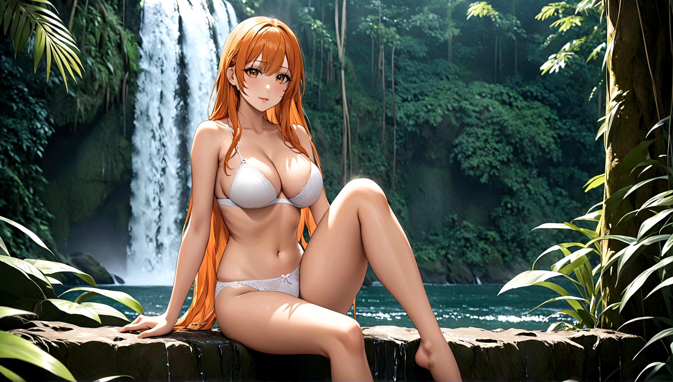 In the jungle、Near the waterfall、One girl, Idol, close, clavicle, photograph, movie, Depth of written boundary, Skin Texture, Orange long hair, Big Breasts、In underwear、whole body、Sitting
