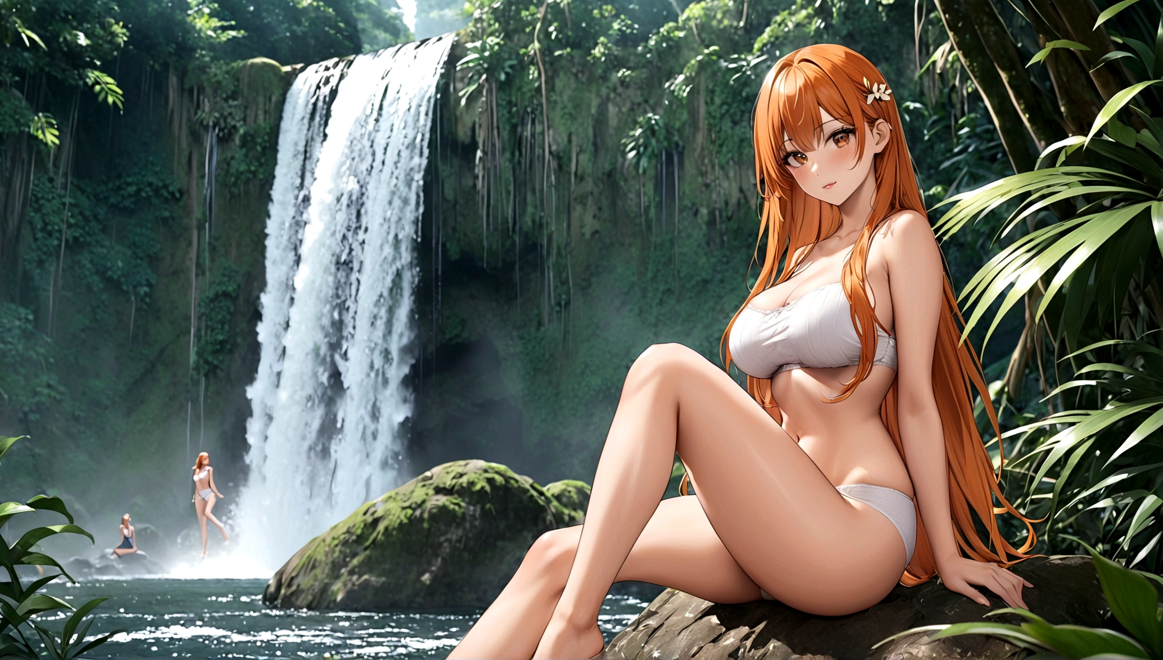 In the jungle、Near the waterfall、One girl, Idol, close, clavicle, photograph, movie, Depth of written boundary, Skin Texture, Orange long hair, Big Breasts、In underwear、whole body、Sitting