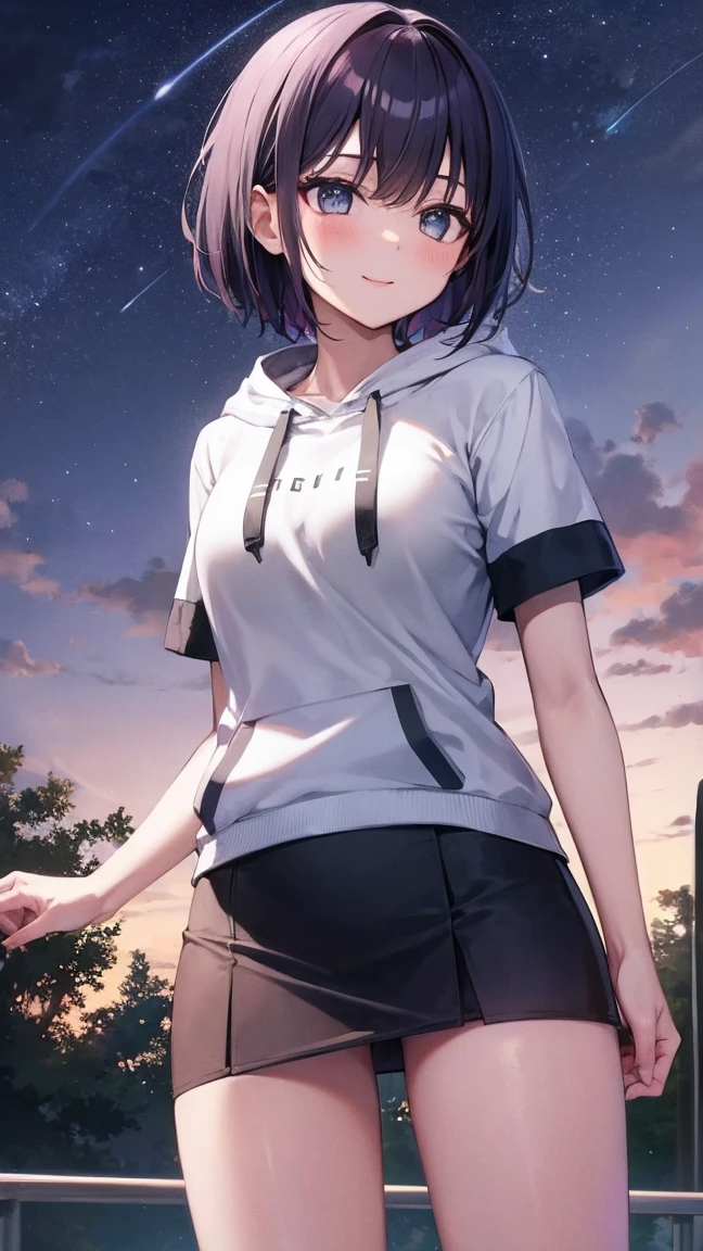 A teenage woman stands in a park at night。She wears a short-sleeved hoodie、mini skirt、I'm wearing shoes。She is posing seductively with a big smile.、Her short hair and shiny skin are impressive.。What really catches your eye are her huge breasts.。The whole body is shown.、The image of 1girl is clearly depicted.。