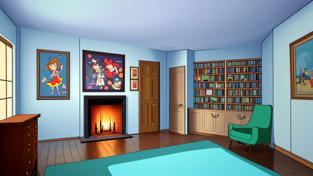 Disney cartoon style, a stylish and classic room in the 1960s in America, with a wooden baseboard, a plain floor, one wall of the room is covered with a classic wooden bookcase that is full of books, a stylish fireplace in be a room.