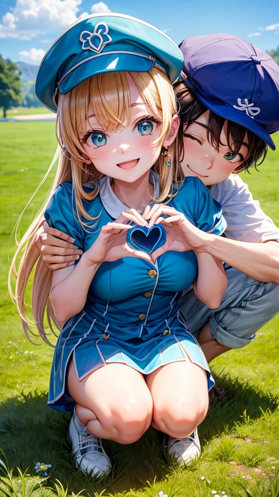 Create an overhead photo of two people forming a heart shape with their hands. One person is standing, and the other person is crouching, looking up and smiling, wearing a blue cap. Add two drawn hearts above the crouching person. The background is a green grassy field.”

Feel free to modify the prompt if you have specific details in mind!