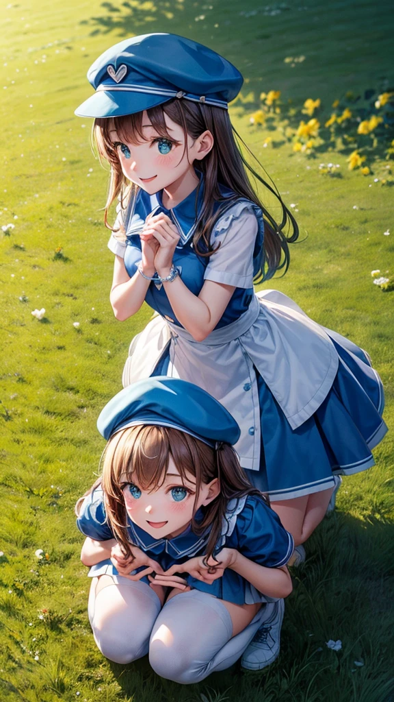 Create an overhead photo of two people forming a heart shape with their hands. One person is standing, and the other person is crouching, looking up and smiling, wearing a blue cap. Add two drawn hearts above the crouching person. The background is a green grassy field.”
Feel free to modify the prompt if you have specific details in mind!