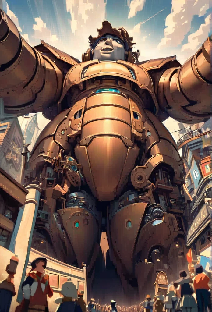 Super giant mechanical woman statue,Adoring crowds,Scripture shines in the sky,In steampunk style,super-fine,8K,Works of mastereticulous mechanical depiction,OC renderer,Ultra photo realsisim