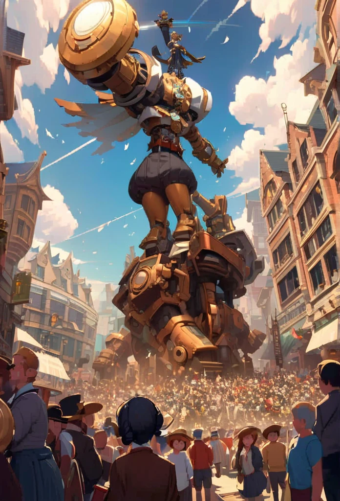 Super giant mechanical woman statue,Adoring crowds,Scripture shines in the sky,In steampunk style,super-fine,8K,Works of mastereticulous mechanical depiction,OC renderer,Ultra photo realsisim