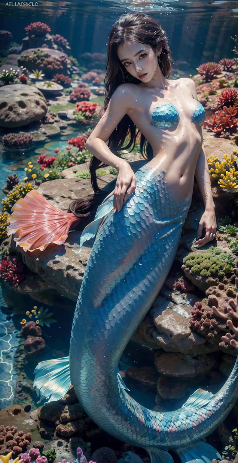 A mermaid swimming in the sea，((masterpiece)), ((best quality)), ((high resolution)), ((fine details)),A girl covered in scales，Bare body，long hair, Big breasts，（Delicate fishtail：1.3）, actual, beach, wet, ocean, navel, Sky, clavicle，Detailed face，Detailed hands，skin glow