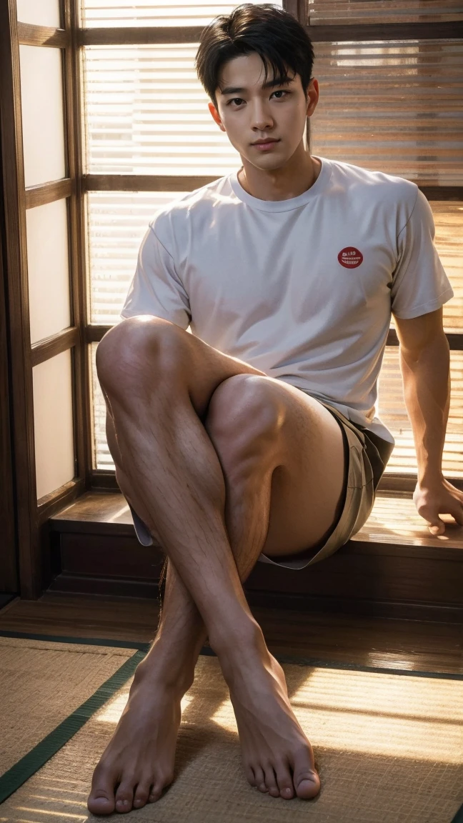 In this fascinating photo、A handsome 35-year-old Chinese man with a beaming. It highlighted his appearance, He was standing in the middle of the indoor studio.., Bathed in the golden light of a beautiful day. With unparalleled attention to detail., This realistic portrait blends National Geographic style。With her legs spread and barefoot., 8K resolution captures skin texture in fine detail. Leica digital SLR camera. His features were clearly visible., From deep-set eyes to a chiseled jawline., Make this image a true masterpiece..lift. (8K Ultra HD、Raw photo、Photorealistic Portraits Leica Digital SLR、Realistic images),