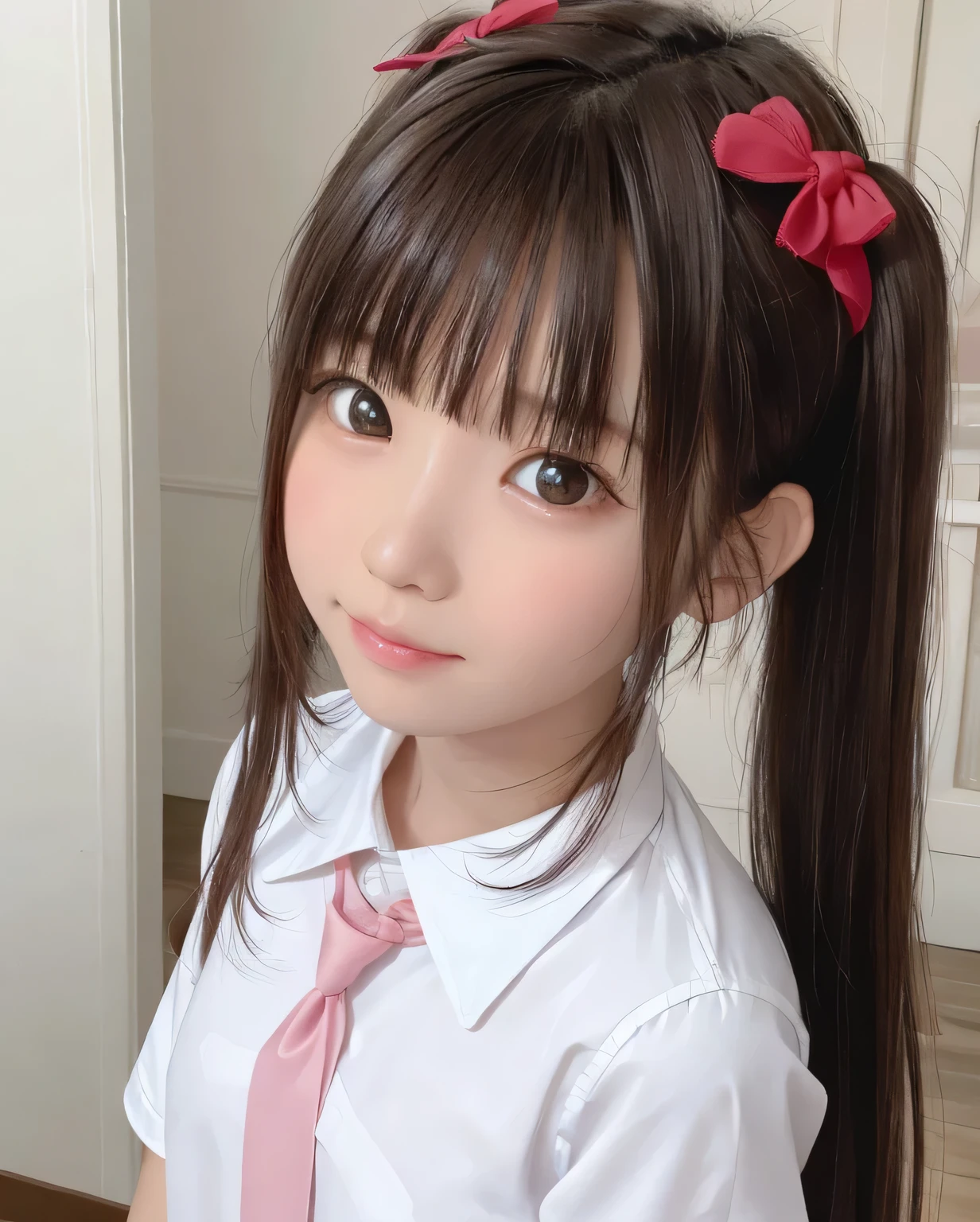 (Chiaroscuro:1.23)、8K、masterpiece、Highest quality、High resolution、Super Resolution、Very detailed、 ((Close-up shot of face)) 、(1. Cute girl、()、slim、thin、Flat Body)、White formal shirt、Red ribbon tie、outside、Flower Field、garden、Glowing Skin、A light smile、((Absurdly Long Hair:1.25)、Twin tails)、big pink backpack、White hair band