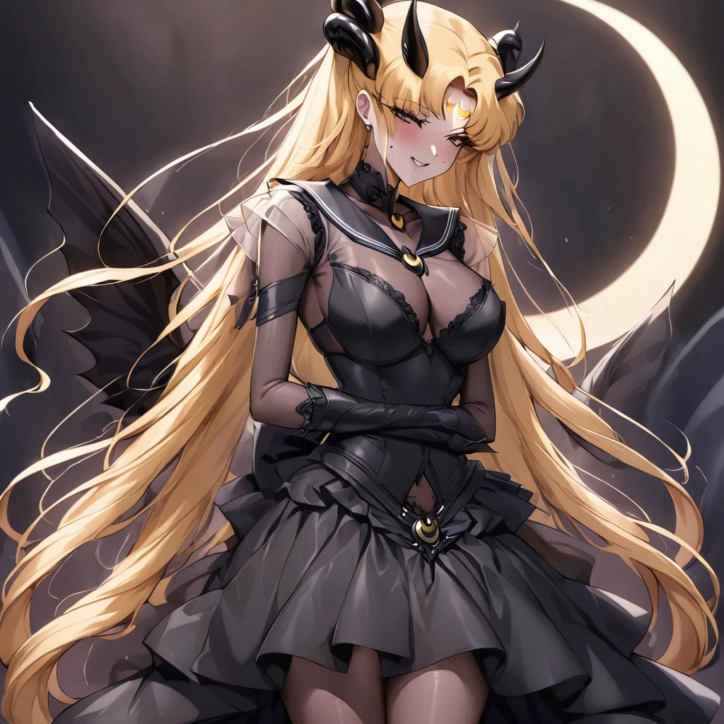 ((Highest quality)), ((masterpiece)), (detailed), （Perfect Face）、The woman is leaning and embracing her husband, the Demon King. She is the Dark Queen of the Black Moon of the Black Moon Clan, a demon warrior of lust and evil, the Demon Queen Sailor Moon, and is a sexy female demon with jet-black skin.、The woman is a jet-black female demon with magnificent devil horns, jet-black devil wings, and a jet-black tail. Her skin is jet-black, and she has a black inverted crescent moon mark on her forehead. Her gorgeous black skin is visible through her black see-through Lolita Gothic Victorian wedding dress, black wedding veil, and black see-through cape. She is a jet-black demon, Devil Queen Sailor Moon, and has blonde hair.２The expression of a girl in love with her long hair tied up、Woman is Devil Queen Sailor Moon、