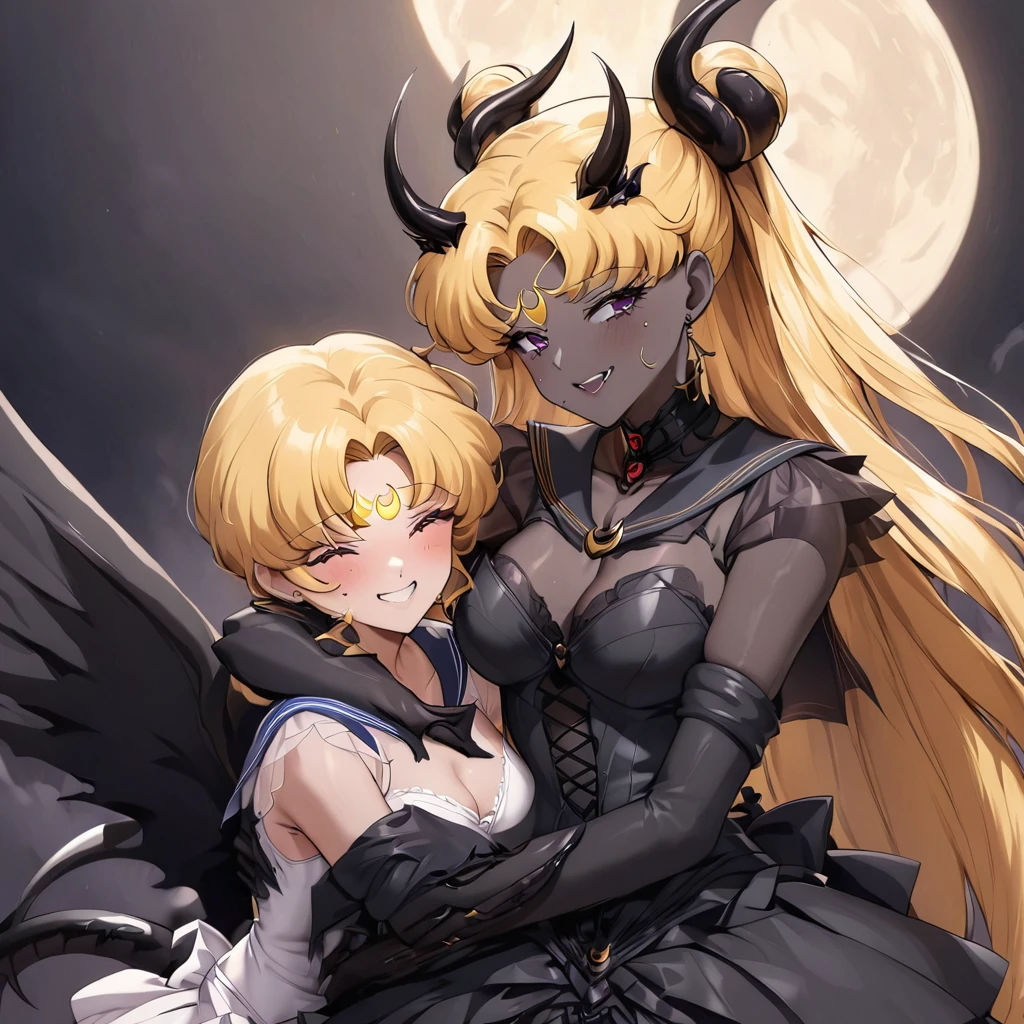 ((Highest quality)), ((masterpiece)), (detailed), (Perfect Face)、The woman is leaning and embracing her husband, the Demon King. She is the Dark Queen of the Black Moon of the Black Moon Clan, a demon warrior of lust and evil, the Demon Queen Sailor Moon, and is a sexy female demon with jet-black skin.、The woman is a jet-black female demon with magnificent devil horns, jet-black devil wings, and a jet-black tail. Her skin is jet-black, and she has a black inverted crescent moon mark on her forehead. Her gorgeous black skin is visible through her black see-through ta Gothic Victorian wedding dress, black wedding veil, and black see-through cape. She is a jet-black demon, Devil Queen Sailor Moon, and has blonde hair.2The expression of a girl in love with her long hair tied up、Woman is Devil Queen Sailor Moon、