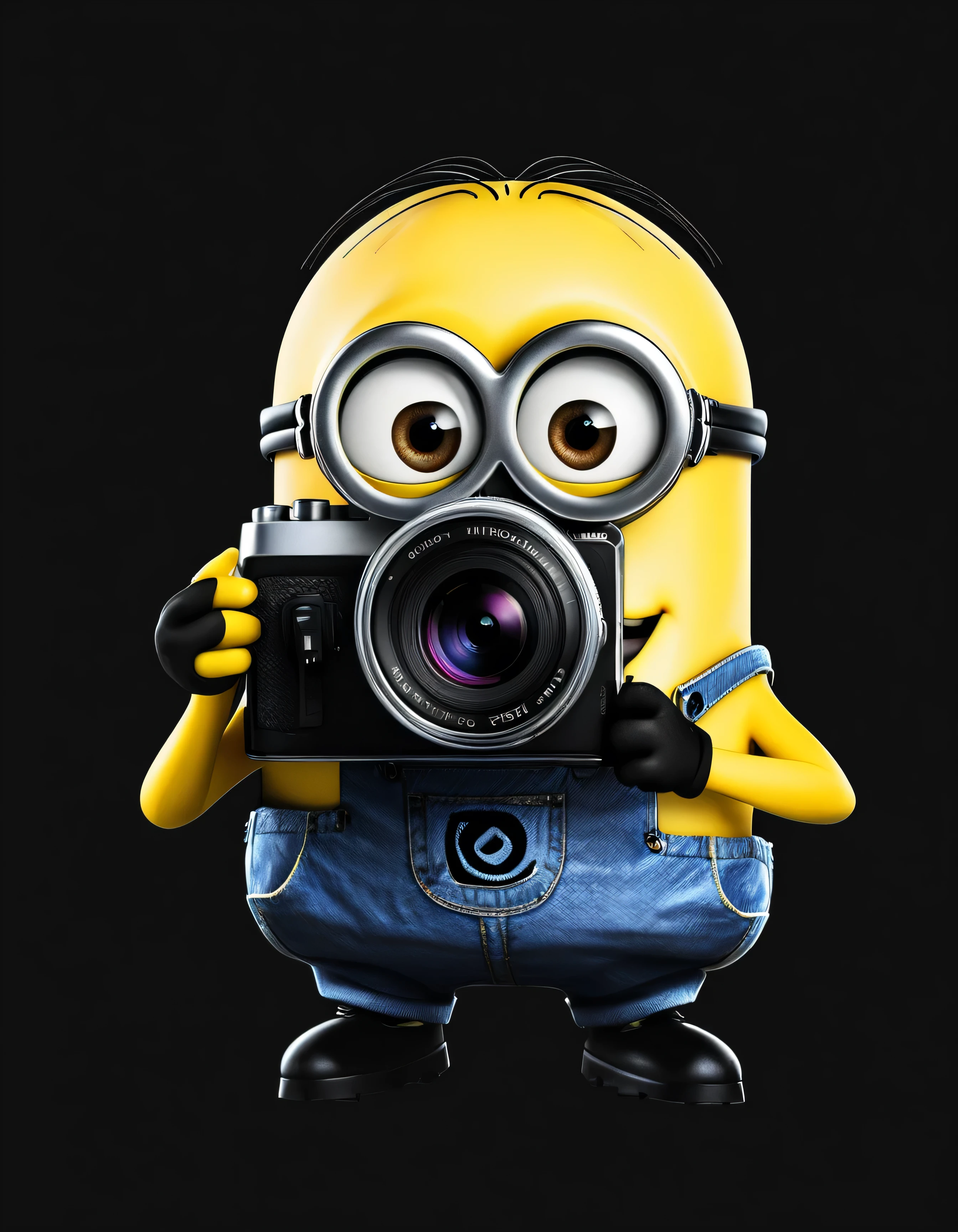 2D image, a minion hilding a photo camera, solid black background