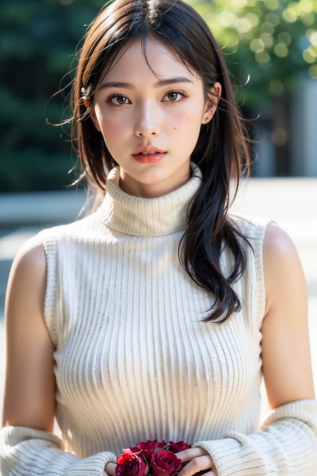 1girl,best quality,masterpiece,illustration,an extremely delicate and beautiful,CG,unity,8k wallpaper,Amazing,finely detail,masterpiece,official art,extremely detailed CG unity 8k wallpaper,incredibly absurdres,huge filesize,ultra-detailed,highres,extremely detailed,beautiful detailed girl,realistic,outdoors,(turtleneck_sweater:1.4),